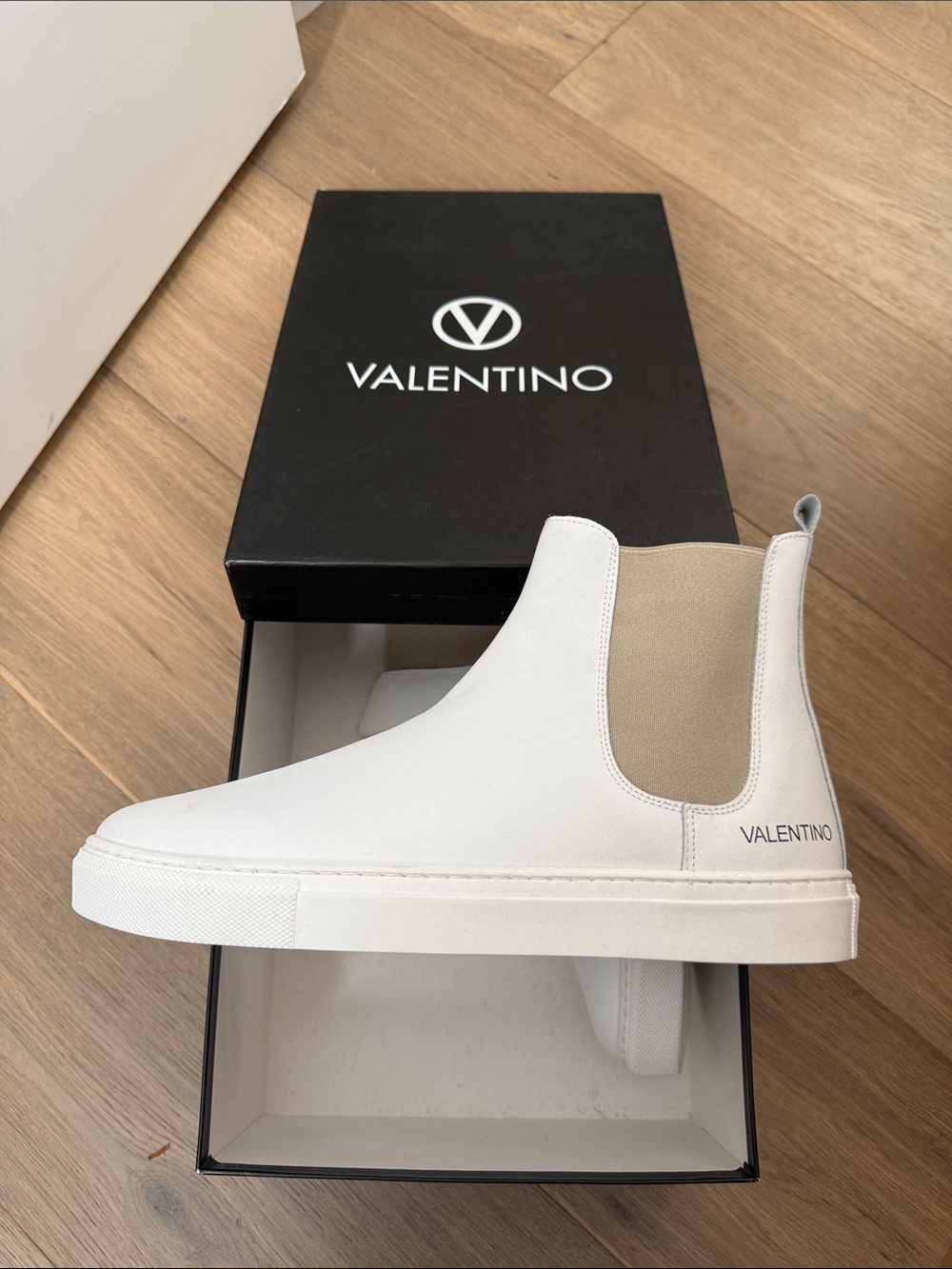 Valentino White Leather Chukka Boots with Beige Elastic Panels